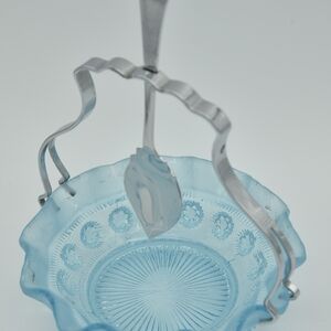 Vintage Blue Glass Basket with Silver Handle